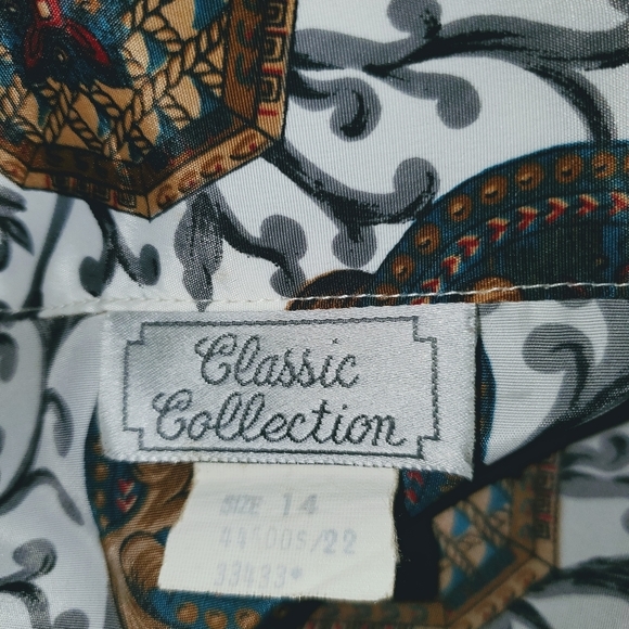 VINTAGE BLOUSE SHIRT LONG SLEEVE SZ 14 GOLD BEIGE BROWN GREEN RED BRASS BUTTONS - Picture 10 of 13